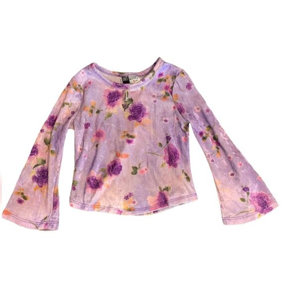 Girls vintage purple velour floral print top with‎ bell sleeves - Picture 1 of 5